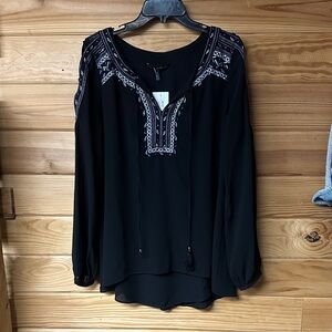 White House Black Market Women's Embroidered Black Long Sleeve Women Top Size 14